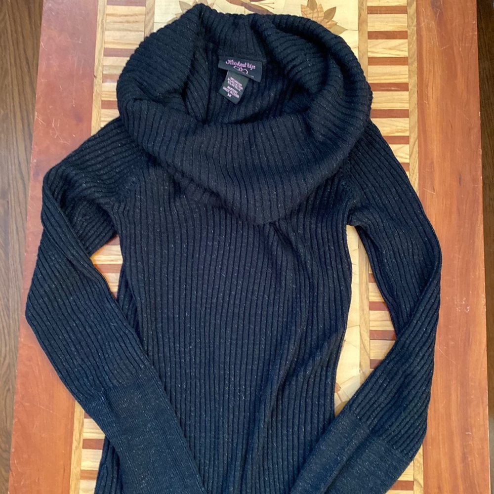 Black cowl neck ribbed fitted sweater